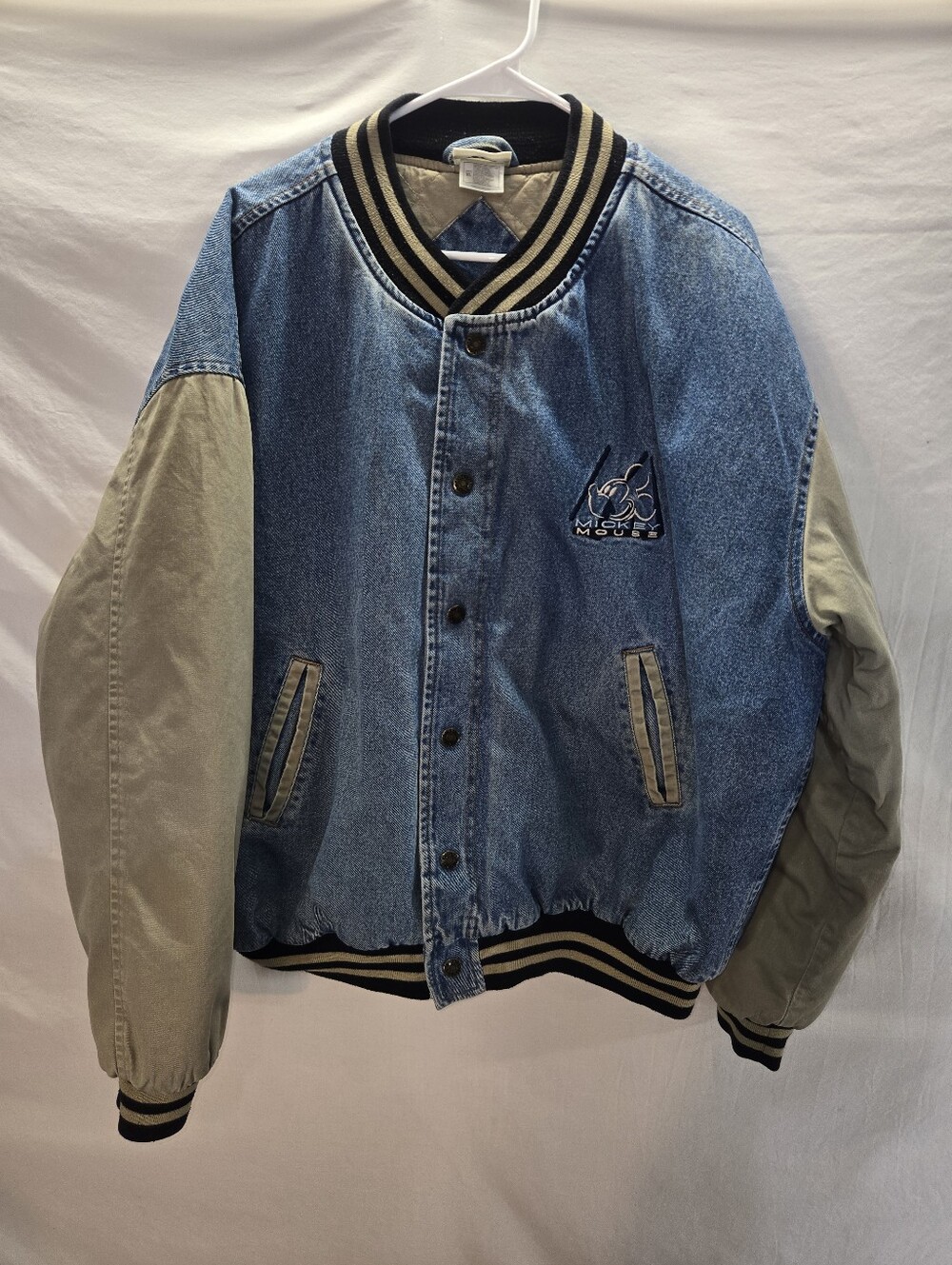 Vintage Mickey Mouse Denim Varsity Bomber Jacket Men's Size XL Embroidered 1990s